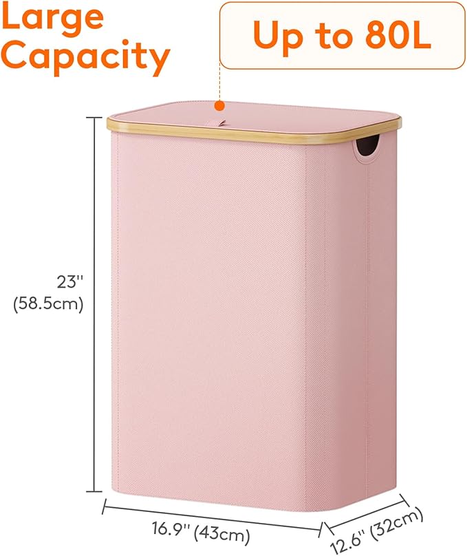 Lifewit 80L Laundry Basket with Lid, Clothes Hampers for Laundry with Bamboo Handles and 1 Removable Bag, Large Foldable Laundry Hamper for Bedroom, Bathroom, Dorm, Laundry Room, Pink