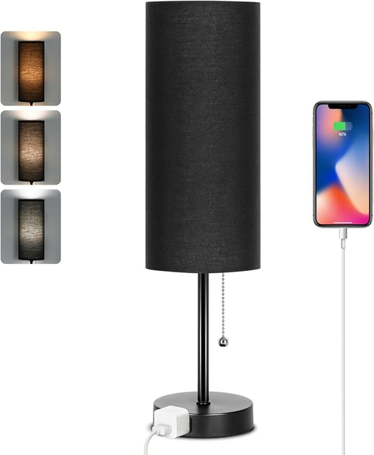 Dott Arts 18" Table Lamp for Bedroom, 3-Color Bedside Lamps with Pull Chain | Bedroom Table Lamps for Nightstand,AC Outlet Small Lamp for Living Room, Bulb Included Black