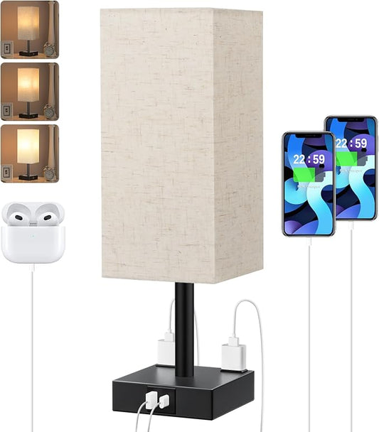 Beige Touch Table Lamp for Bedroom - Dimmable, USB C+A, 2 AC Outlets | 3-Way Dimming, 3000K Bulb Included, Square Beige Lampshade and Black Base, Desk Lamp for Nightstand, Living Room, Dorm