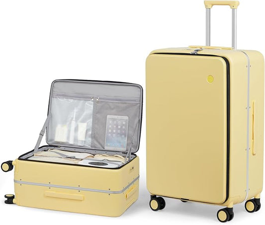 mixi 24 Inch Checked Luggage PC Hard Shell Suitcase Top Opening Aluminum Frame Travel Suitcases with Wheels, Lark Yellow