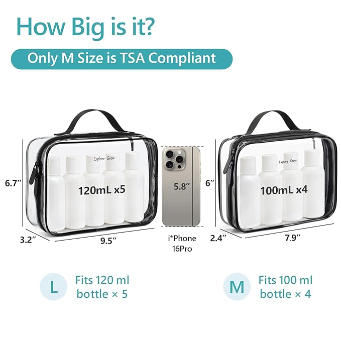 PACKISM Clear Makeup Bag Combo Pack, 1 TSA Approved Medium & Large for Checked Luggage, Clear Toiletry Bag with Handle, Water-resistant Travel Essentials Organizer, Elegant Black
