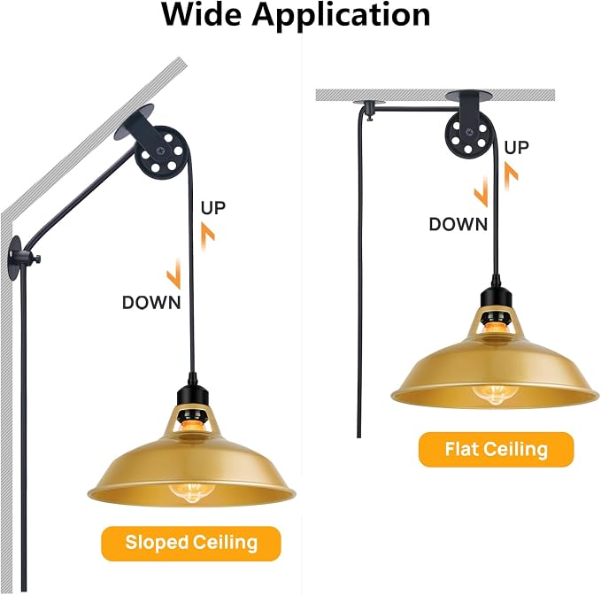 Lomoky Plug in Pendant Light, Vintage Hanging Lamps with Gold Barn Shade Pendant Lighting with 14.76ft Cord On/Off Switch, Adjustable Pulley Hanging Lights for Kitchen, Bedroom, Living Room (1 Pack)