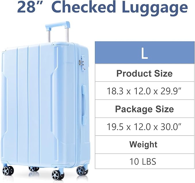 28 Inch Checked-Large Luggage, Lightweight ABS Hard Shell Suitcase with Spinner Wheels, Expandable Travel Luggage with Combination Lock & Side Hooks for Men Women (Sky Blue, 28)