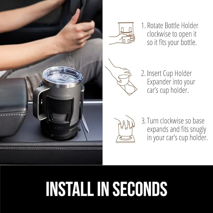 GORILLA GRIP Patent Pending Adjustable Car Cup Holder Expander, 2 PK, Keeps Water Bottle Secure, Expands to Fit 18 to 48 oz Bottles, Yeti, Owala, Stanley with Handle, Coffee Mug Insert for Cars, Black