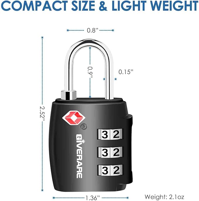2 Pack TSA Approved Travel Luggage Locks, Combination Lock Alloy Body, Metal Keyless 3-Digit Padlocks, TSA Accepted Compatible Padlock for Gym Locker, Golf Bag Case, Backpack, Black-by GIVERARE
