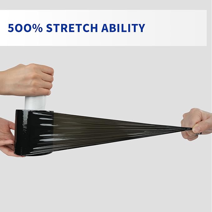 TAPEBEAR Black Stretch Wrap Film 4" x 1000Ft Shrink Wrap Roll with Handle, 60 Gauge Thick Durable Self-Adhering Plastic Wrap Industrial Strength Pallet Shrink for Moving, Packing, Storage