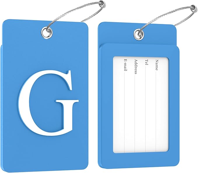 Gostwo 2 Pack Luggage Tags for Suitcases, 26 Initial Letter Travel Luggage Baggage Identification Labels ID Tag Fully Bendable Tags with Stainless Steel Loop (Blue) (Letter G)