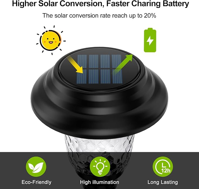 Glass Solar Lights Outdoor waterproof, 8 Pack Super Bright Solar Pathway Lights, Up to 12 Hrs Long Last Auto On/Off Garden Lights Solar Powered, Stainless Steel LED Light For Yard Landscape Warm White