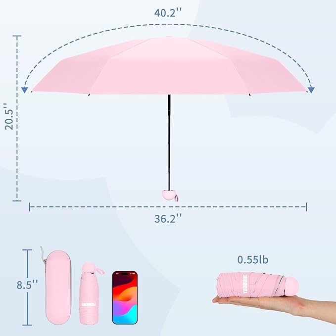 Yoobure Travel Umbrella Portable Compact Umbrellas, Pocket Mini for Purse, Umbrellas for UV Sun & Rain Small for Backpack, Umbrella with Case Folding for Kids Women