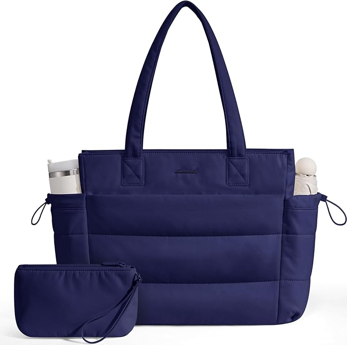 LOVEVOOK Tote Bag for Women with Giant Tumbler Holder Pocket, Puffer Work Travel Laptop Handbag with Zipper for Nurse Teacher