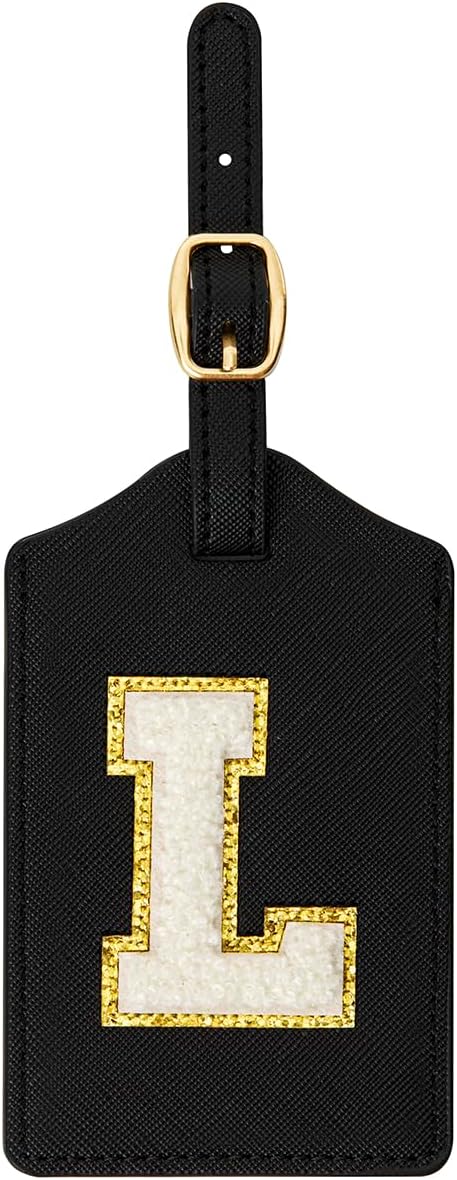 Initial Luggage Tag, PU Leather Luggage Tag, Embroidered Luggage Tag, Letter Luggage Tag, Monogrammed Luggage Tag, Luggage Tag for Baggage Bag Suitcase (L, Black Leather+White Letter)