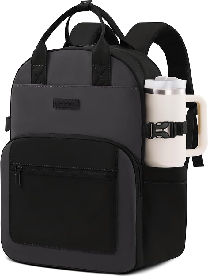 LOVEVOOK Laptop Backpack for Women - Stylish Work Backpack with Large Cup Holder, Waterproof College Teacher Backpack, Dark Grey, 15.6Inch