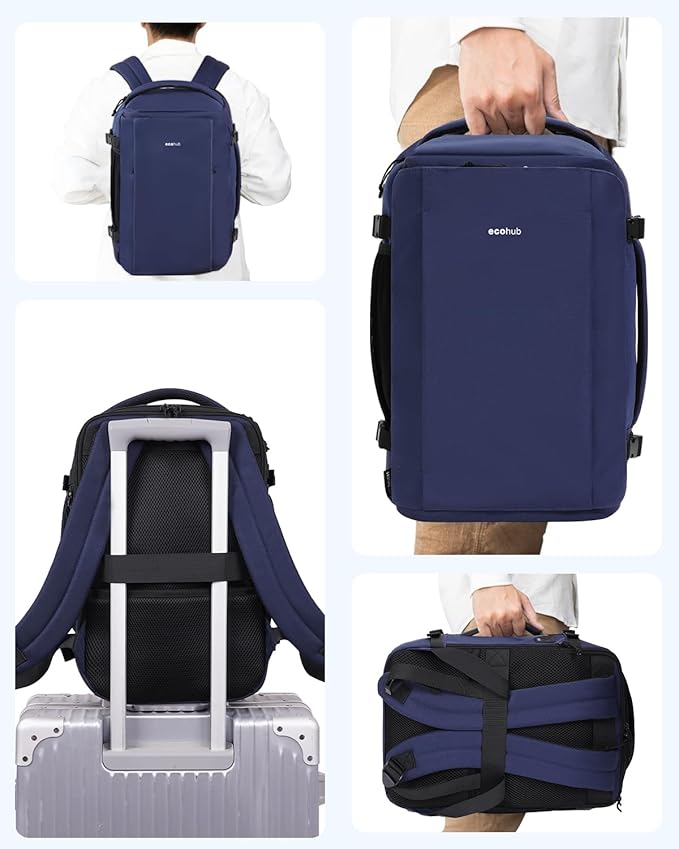 ECOHUB 40L Carry-On Travel Backpack, TSA-Friendly, Anti-Theft Water-Resistant Lightweight with 17.3″ Laptop Compartment, Durable PFAS-Free Rucksack, Blue
