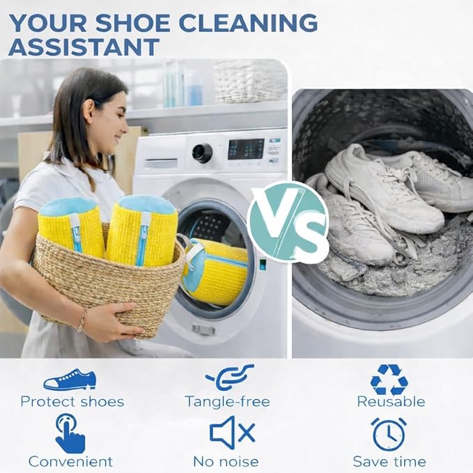 Shoe Washing Machine Bag – 2 Pack Laundry Shoe Bag for Washer and Dryer, Reusable Sneaker Washing Bag, 360° Deep Clean, Self-Locking Zipper, Fits All Shoe Types – Yellow