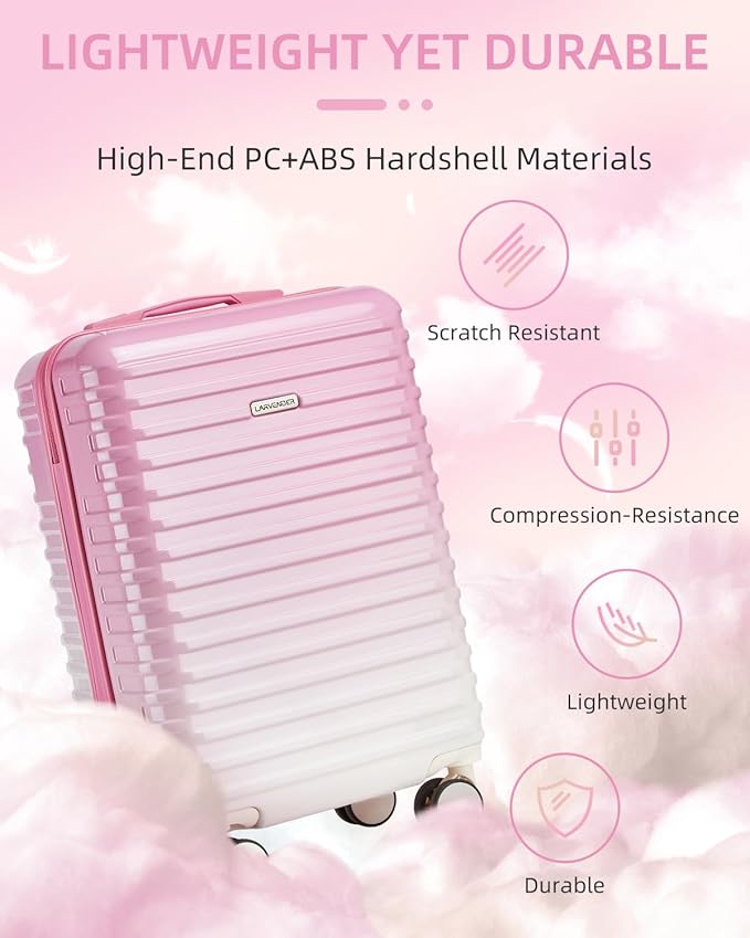 LARVENDER Carry on Luggage 22x14x9 Airline Approved, Expandable 20 Inch Hardside Large Suitcase with Wheels TSA Lock, Lightweigh PC+ABS Travel Carry-on Suitcases for Women and Men, Peach Sparkling