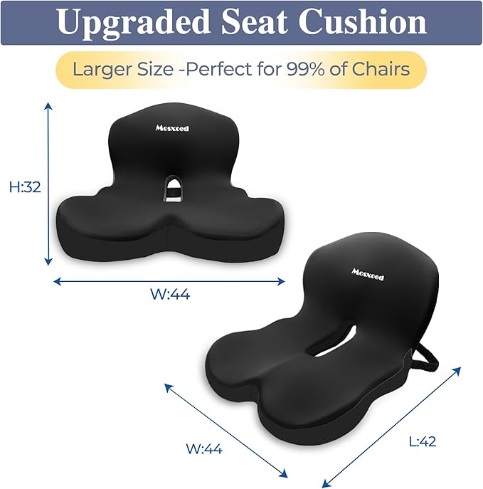 Memory Foam Seat Cushion for Sciatica & Back Pain Relief - Ergonomic Chair Pad with Adjustable Strap & Supportive Comfort Cover, Non-Slip for Car, Truck, Office Chair -Black