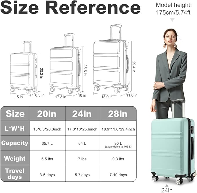Kono 24 Inch Luggage Suitcase with Spinner Wheels TSA Lock Lightweight PC+ABS Hardside Medium Checked Luggage Durable Rolling Suitcase Mint Green