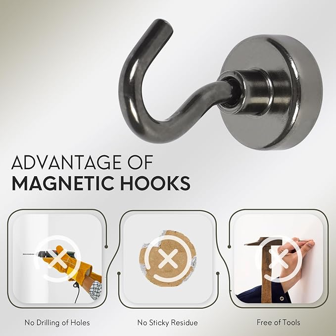 Neosmuk Magnetic Hooks,30lb+ Heavy Duty Earth Magnets with Hook for Refrigerator, Extra Strong Cruise Hook for Hanging, Magnetic Hanger for Cabins, Grill (Gunblack, 6 Pack)
