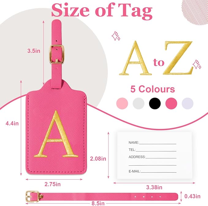 Personalized Initial Luggage Tags for Suitcases,Leather Letter Cute Luggage Tags with Privacy Name Card,Embroidered Monogrammed Travel Bag Backpack Tag Gifts for Women Kids Girls Teens(Rosered-A)