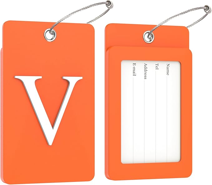 Gostwo 2 Pack Luggage Tags for Suitcases, 26 Initial Letter Travel Luggage Baggage Identification Labels ID Tag Fully Bendable Tags with Stainless Steel Loop (Orange) (Letter V)