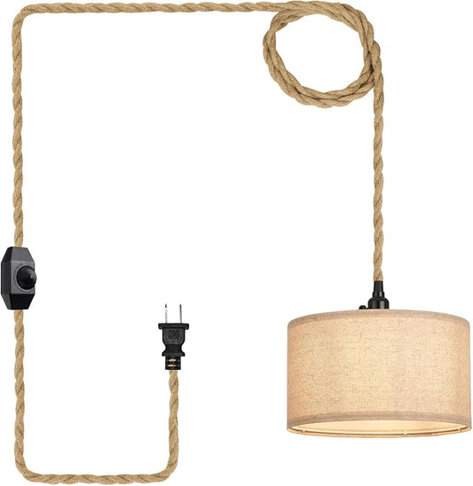 Plug in Pendant Lights Fabric Hanging Lamp Kit with Dimmable Switch 15 Ft Long Hemp Rope Farmhouse Pndant Light Cord Lighting Fixture DIY Hanging Light