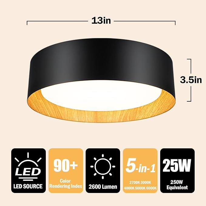 Flush Mount Ceiling Light, 13in Modern Ceiling Light 5 Color Temperature | 25W Bathroom Ceiling Light Fixture, 2600LM Dimmable LED Flush Mount Light for Bedroom, Hallway, Kitchen, Black & Wood