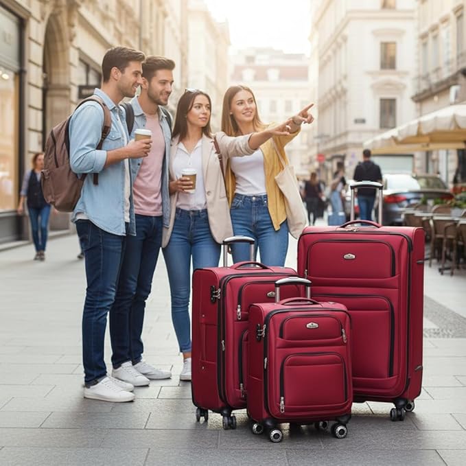 Softside Luggage Sets 3 Piece,Expandable Lightweight Durable Suitcase Sets Double Spinner Wheels w/Combination LOCK （20''/26''/30''）#Red