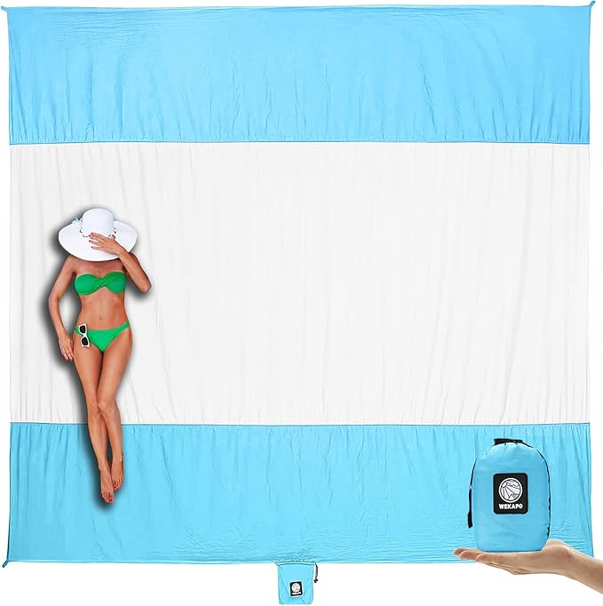 WEKAPO Beach Blanket Sandproof Waterproof, Extra Large Beach Mat, Oversized & Compact Sand Free, Quick Drying Beach Essentials for Vacation, Cruise, Picnic & Camping with Stakes
