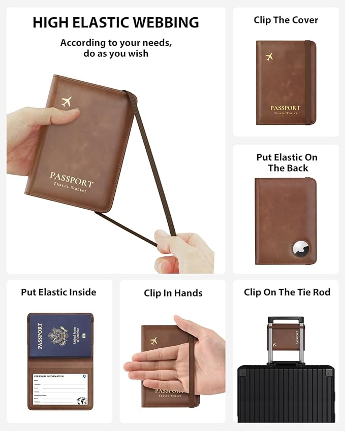 Stouchi AirTag Passport Holder, RFID Passport Holder with Airtag Slot, Multiple Passport Wallet Cover for Men, Leather Passport Case, Anti-Lost Waterproof Travel Accessories, Brown