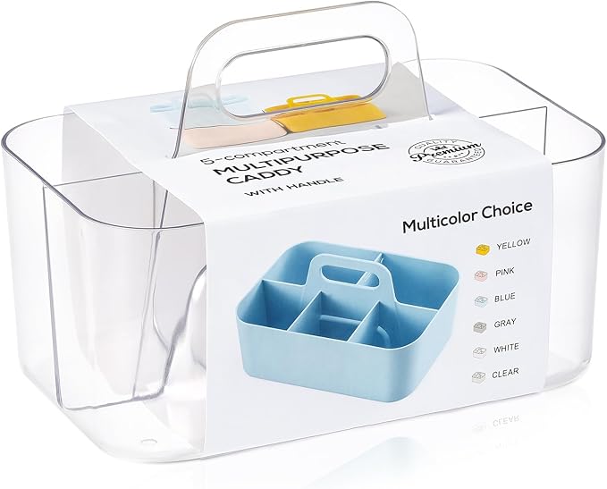 Multiuse Caddy Organizer with Handle, Portable Divided Plastic Tote Bin - Art Craft, Stationary Pen Marker Crayons, Makeup Hair Supplies Storage - Bathroom, Classroom, Dorm, Office, Desk Holder -Clear