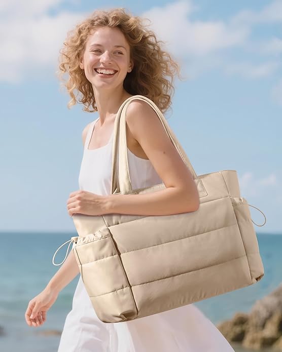 LOVEVOOK Tote Bag for Women with Giant Tumbler Holder Pocket, Puffer Work Travel Laptop Handbag with Zipper for Nurse Teacher