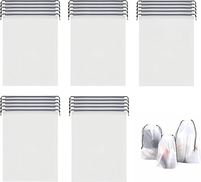 25 Pack Travel Shoe Bags, 15.7" x 11.8" Frosted Transparent Travel Shoe Pouch, Waterproof Portable Drawstring Travel Shoe Bag Organizer, Essential for Travel, Storage for Miscellaneous Items
