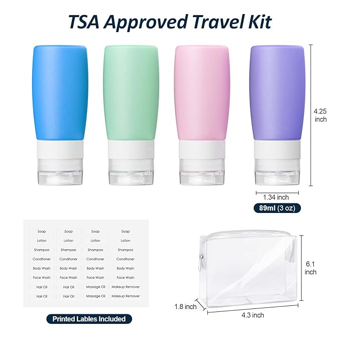 PACKISM 5 Pack TSA Approved Toiletry Bag with Bottles - Leakproof 3oz Silicone Travel Container Kit for Toiletries, Clear Quart Size Bag for Shampoo Conditioner Lotion (BPA Free)