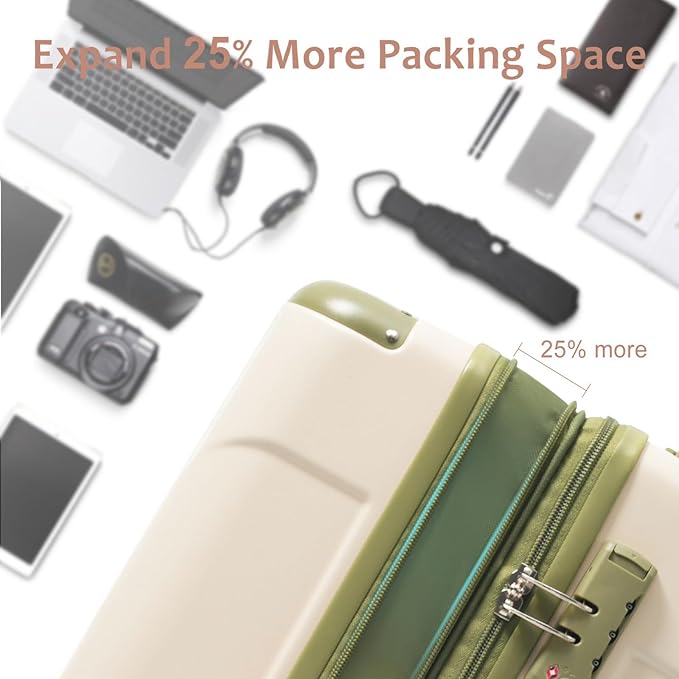 28 Inch Checked-Large Luggage, Lightweight ABS Hard Shell Suitcase with Spinner Wheels, Expandable Travel Luggage with Combination Lock & Side Hooks for Men Women (White Green, 28)