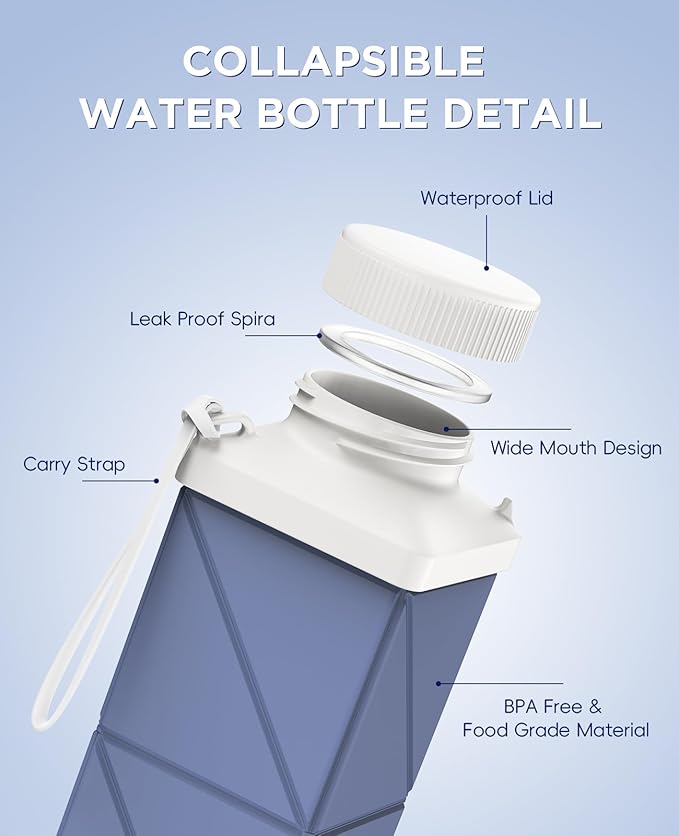 Collapsible Water Bottles 17.4oz(516ML), 2nd Generation Leakproof BPA-Free Travel Water Bottle,Lightweight Reusable Water bottle, Portable for Travel Cycling Camping Sports, DarkBlue,1 Pack