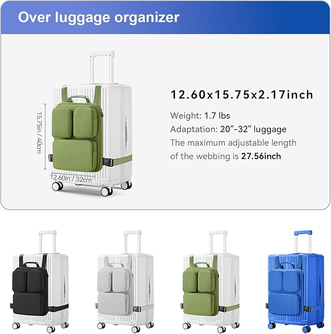 SOKOK Over Luggage Organizer Storage Bag with Multi Pockets, Slide On Luggage Harness with Adjustable Straps, 2-in-1 Travel Accessories Suitcase Vest Bag Fits Most Suitcases, Green-3