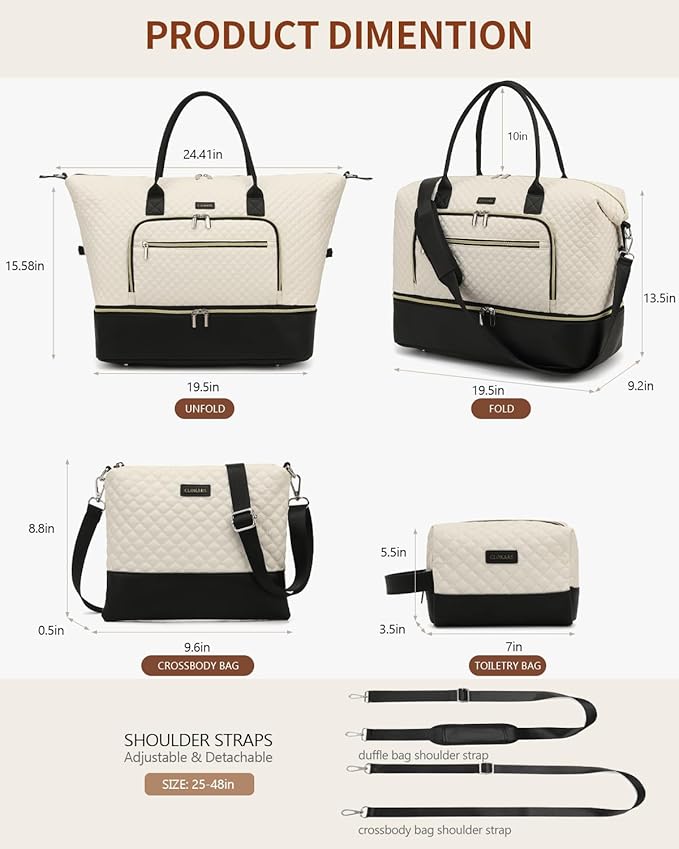 Duffle Bag for Women Travel, Weekender Bag Overnight Bag with Shoe Compartment, Carry on Bag with Crossbody Purse for Over Night, Weekend, Yoga, Gym, Business Trips, Hospital, White Black