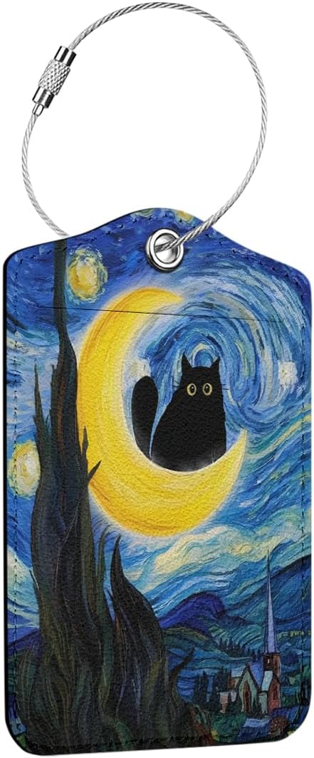 The Starry Night Cat Luggage Tag, Suitcase Tags with Privacy Flap and Metal Loop, Luggage Tags for Suitcases, Identifiers Travel Essentials Bag Tag, Cat Lovers Gifts for Women Friends