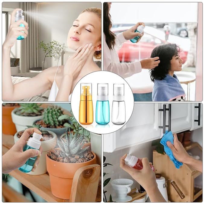 Cosywell Travel Spray Bottle TSA Approved 3 Pack 2oz 60ml Leak Proof Fine Mist Spray Bottle Empty Plastic Refillable Containers for Hair Perfume Toners Rose Water Cosmetics(Gold+Green+Clear)