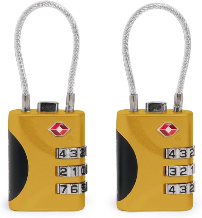 Brookstone Cable Lock - 2 Pack TSA-Approved 3-Digit Keyless Luggage Travel Lock - Resettable Combination Wire Padlock, Lemon Yellow