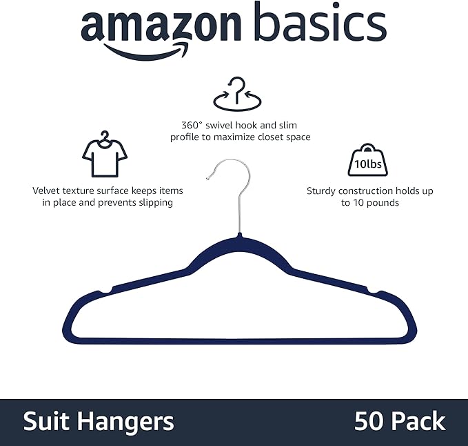 Amazon Basics Slim Velvet Non-Slip Space Saving Suit Clothes Hangers for Closet Organization, Navy Blue/Silver, 50-Pack