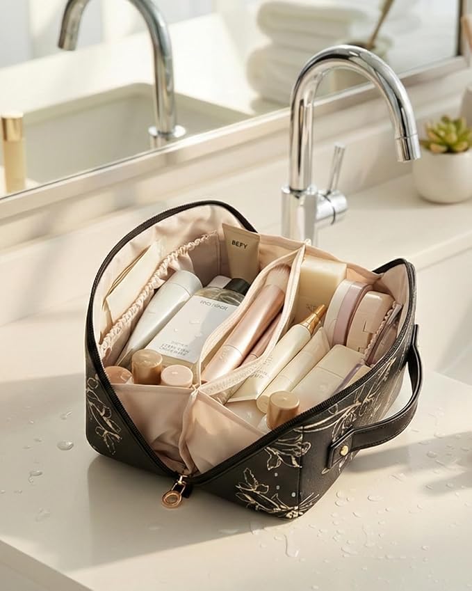EACHY Travel Makeup Bag, Large Capacity Cosmetic Bags for Women, Waterproof Portable Pouch Open Flat Toiletry Bag Pattern Make up Bag (F-Black)