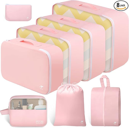 HOTOR Packing Cubes for Suitcases - 8 Pieces, Light Packing Cubes for Travel, Premium Suitcase Organizer Bags Set, Space-Saving Luggage Organizers, Travel Accessories and Essentials, Pink