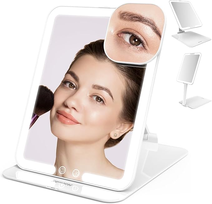Mocado Travel Makeup Mirror with Light, Tripple Folding Vanity Mirror with Lights, 3 Colors Lighted Makeup Mirror, 1500mAh Rechargeable, Memory Function, Freely Adjust Height and Angle(White)