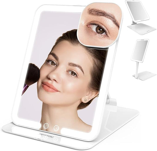 Mocado Travel Makeup Mirror with Light, Tripple Folding Vanity Mirror with Lights, 3 Colors Lighted Makeup Mirror, 1500mAh Rechargeable, Memory Function, Freely Adjust Height and Angle(White)