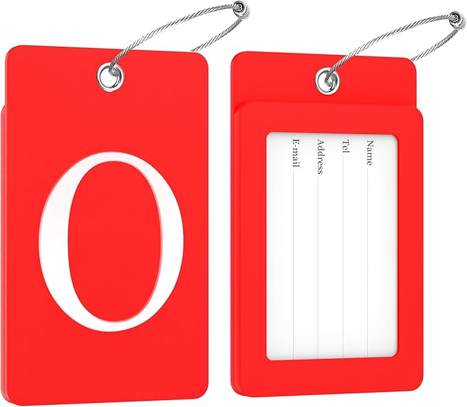Gostwo 2 Pack Luggage Tags for Suitcases, 26 Initial Letter Travel Luggage Baggage Identification Labels ID Tag Fully Bendable Tags with Stainless Steel Loop (Red) (Letter O)