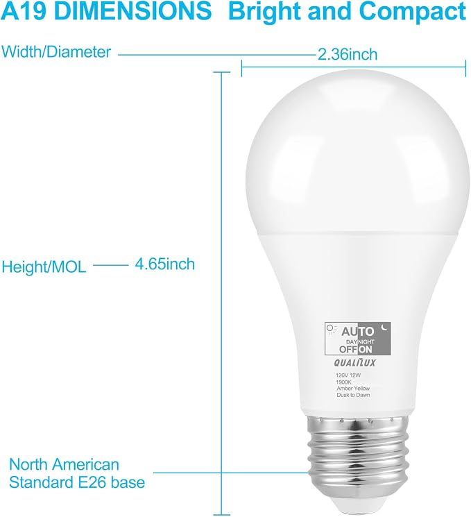 Qualilux Dusk to Dawn Light Bulbs, Auto On/Off Light Sensing LED Bulbs Outdoor, Amber Yellow Bug Light, A19 4-Pack, 12W 800LM 60W Equivalent, HQ-H020