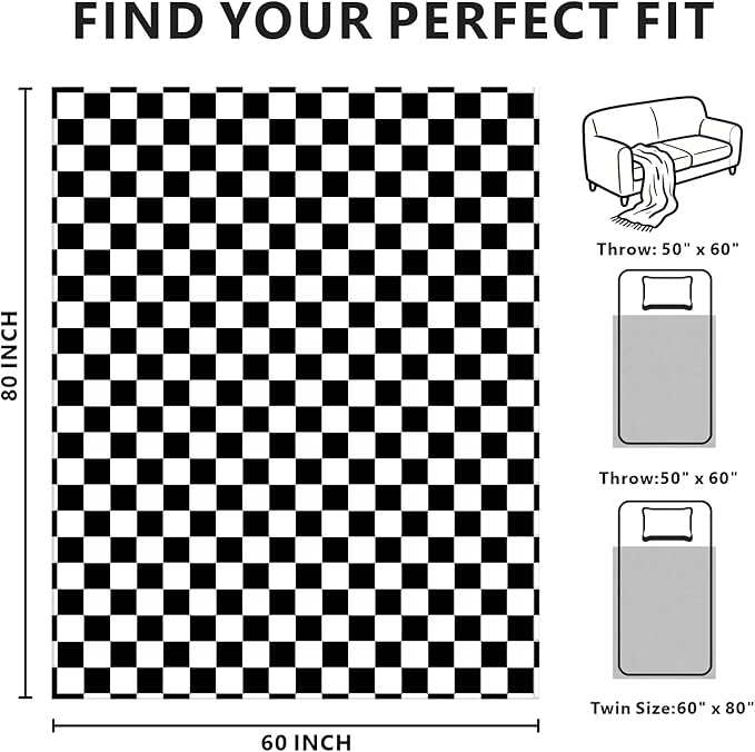 Checkered Blanket Flannel Throw Blankets Soft Cozy Checkered Grid Print Chessboard Gingham Pattern Throws for Bed Sofa Couch for All Seasons, 60x80 Inch, Black