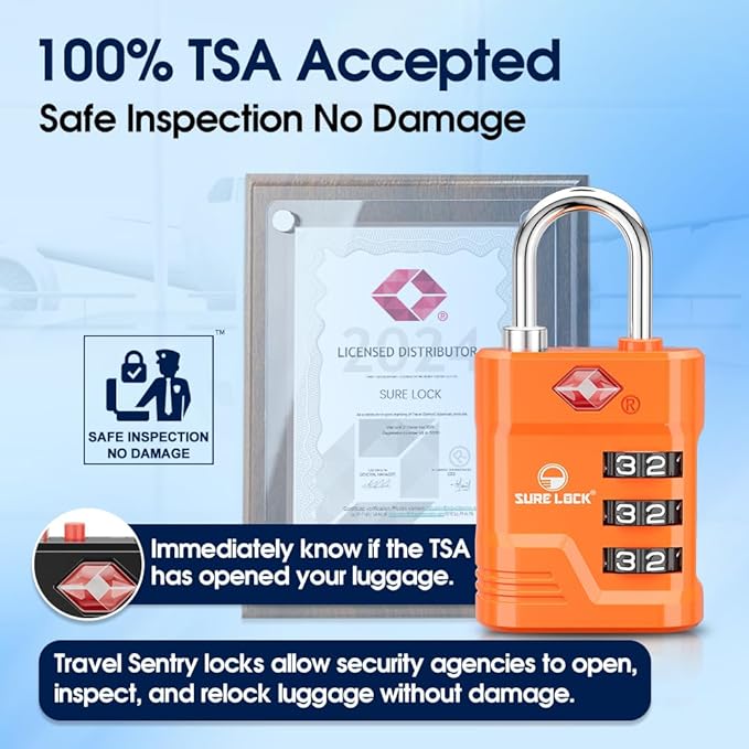 SURE LOCK TSA Approved Luggage Lock – 3-Digit Resettable Combination Padlock with Open Alert Red Dot, Large Easy-Read Dials for Suitcases, Backpacks, Gym & School Lockers(Orange 4 pk)
