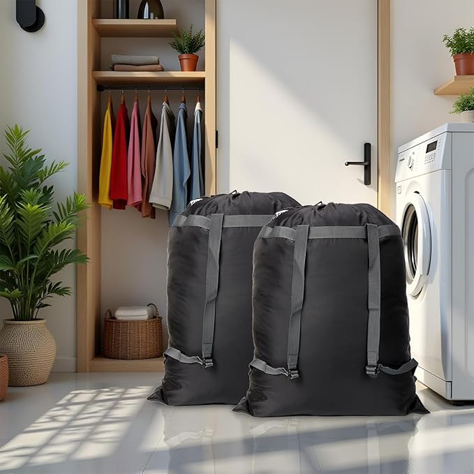 2 Pack Laundry Bag Backpack, 27” x 34”Sturdy Laundry Bag with Shoulder Straps Drawstring Closure Heavy Duty Foldable Laundry Backpack for College, Travel, Laundromat, Apartment (Black)